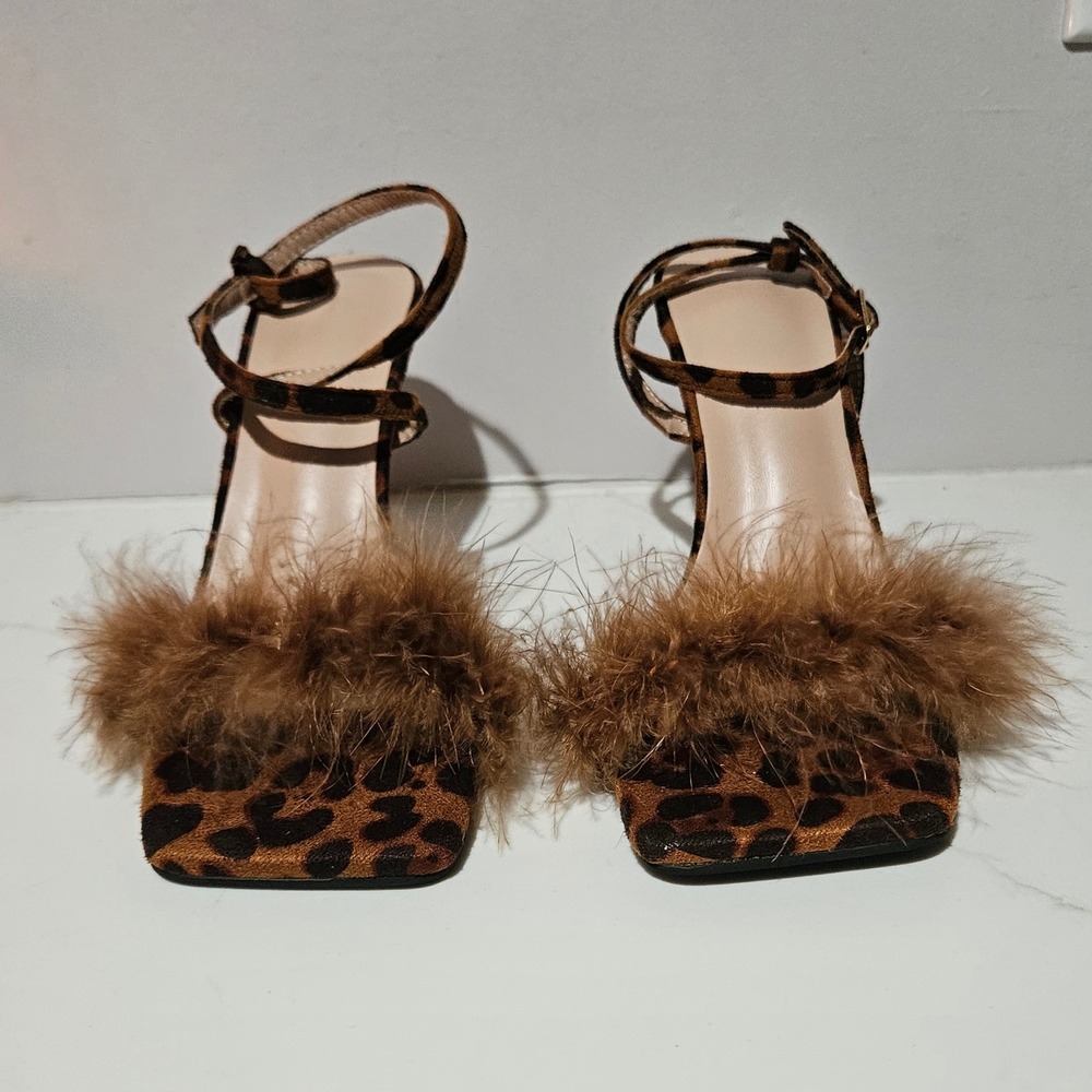 Leopard Print Feather Trim Stiletto Sandals Square Toe Ankle Strap Heels size 36